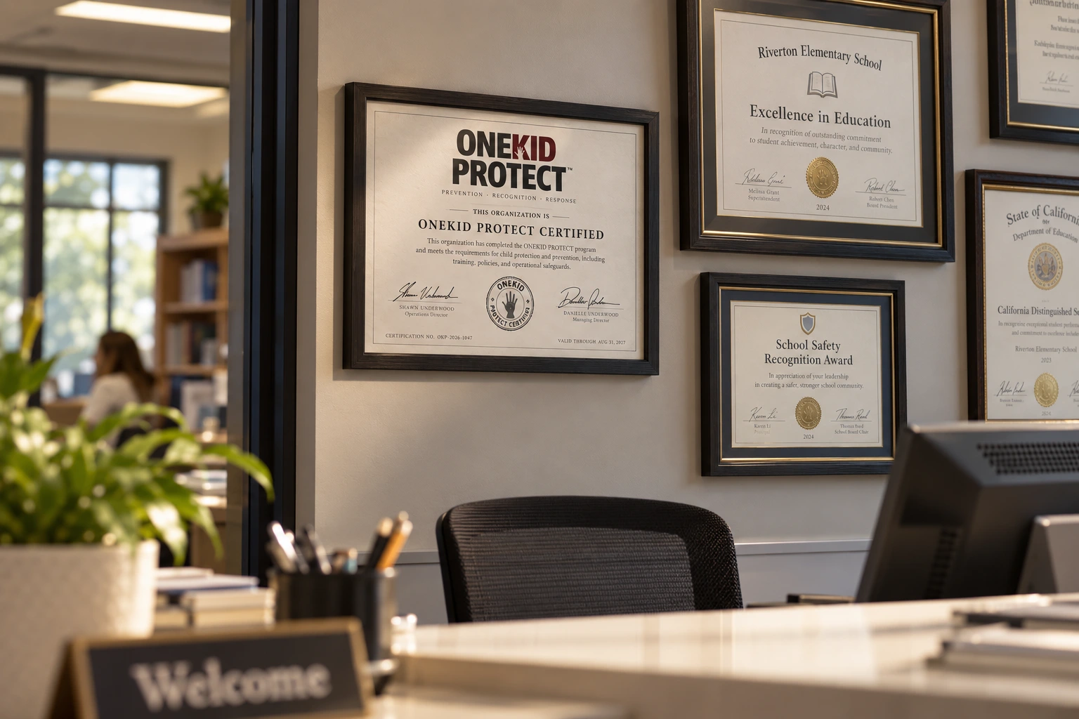 ONEKID PROTECT certification displayed in an organizational setting