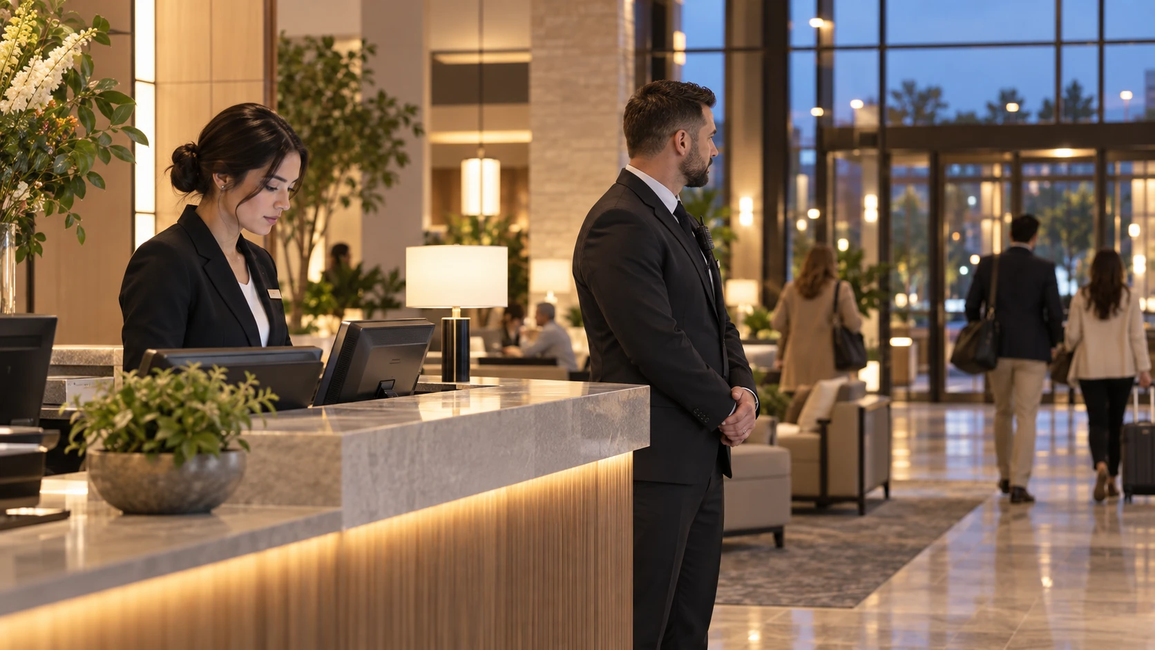 Hotel staff working in a guest environment